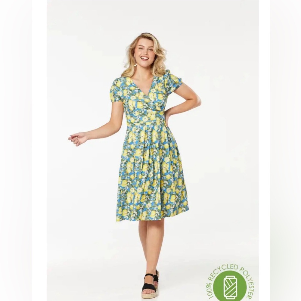 Timeless London Vintage Style Blue Lemon Print Puff Sleeve Midi Dress NWT